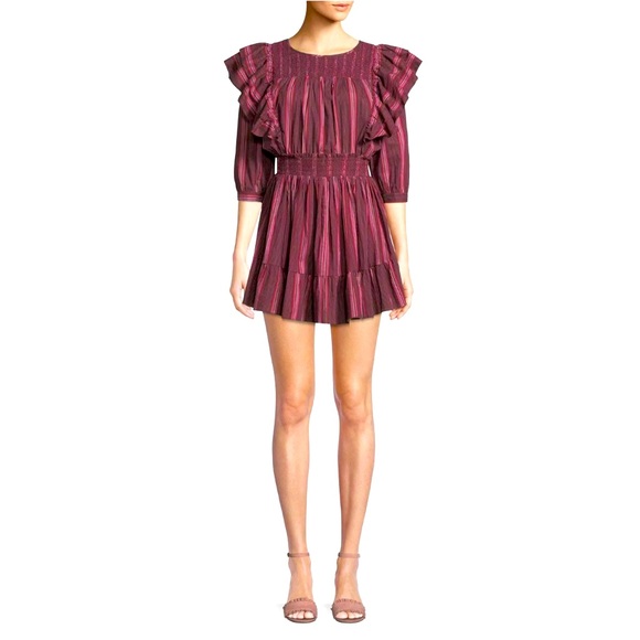 LoveShackFancy Cassi Striped Ruffle 3/4 Sleeve Mini Dress Size Large - Picture 3 of 12